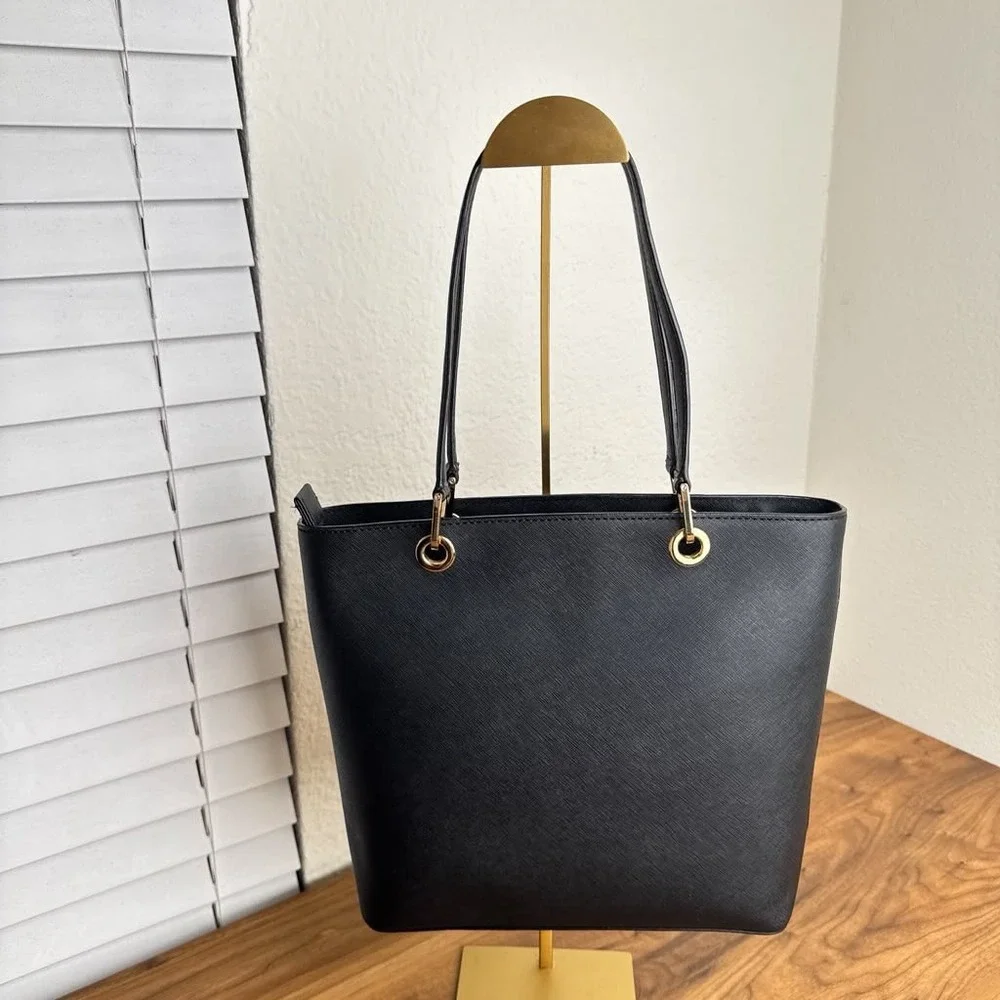 Michael Kors Bedford Medium Tote Black Saffiano Leather Bag Gold Hardware